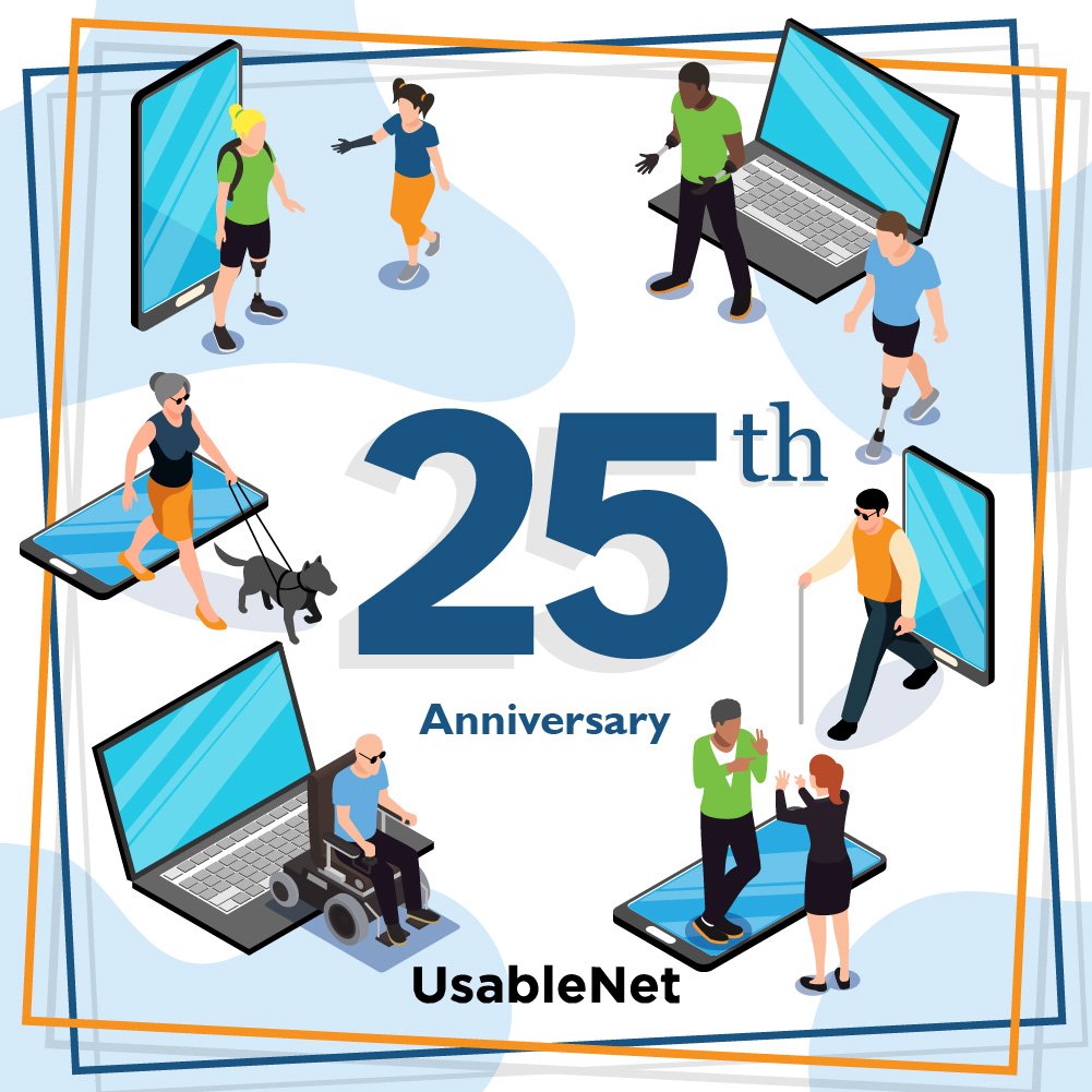 Illustration of people with disabilities interacting with digital devices, celebrating UsableNet’s 25th anniversary.